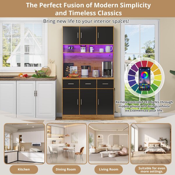 Stylish Tall Pantry Cabinet with App-Controlled LED, Spacious Larder Unit with Water-Resistant Worktop, 100L x 40W x 180H cm, Natural+Black Aosom UK
