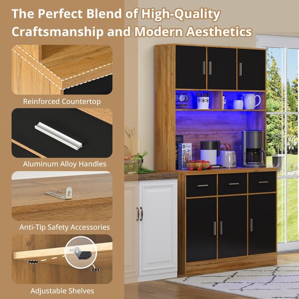 Stylish Tall Pantry Cabinet with App-Controlled LED, Spacious Larder Unit with Water-Resistant Worktop, 100L x 40W x 180H cm, Natural+Black Aosom UK