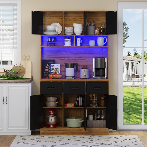 Stylish Tall Pantry Cabinet with App-Controlled LED, Spacious Larder Unit with Water-Resistant Worktop, 100L x 40W x 180H cm, Natural+Black Aosom UK