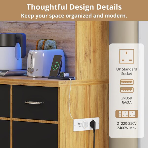 Stylish Tall Pantry Cabinet with App-Controlled LED, Spacious Larder Unit with Water-Resistant Worktop, 100L x 40W x 180H cm, Natural+Black Aosom UK