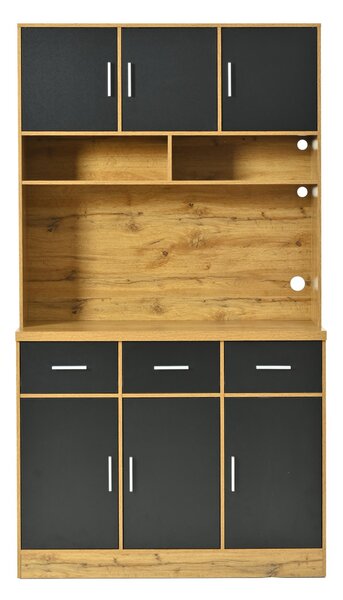 Stylish Tall Pantry Cabinet with App-Controlled LED, Spacious Larder Unit with Water-Resistant Worktop, 100L x 40W x 180H cm, Natural+Black Aosom UK