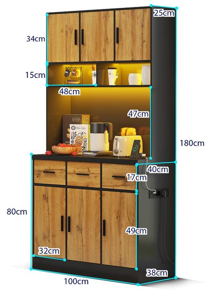 Stylish Tall Pantry Cabinet with App-Controlled LED, Spacious Larder Unit with Water-Resistant Worktop, 100L x 40W x 180H cm, Black+Natural Aosom UK
