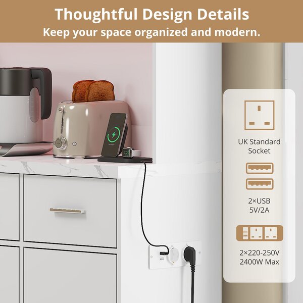 Stylish Tall Pantry Cabinet with App-Controlled LED, Spacious Larder Unit with Water-Resistant Worktop, 100L x 40W x 180H cm, White Aosom UK
