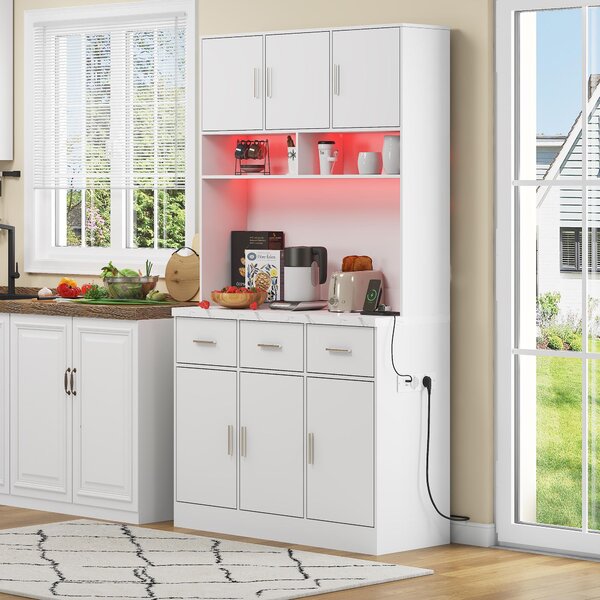 Stylish Tall Pantry Cabinet with App-Controlled LED, Spacious Larder Unit with Water-Resistant Worktop, 100L x 40W x 180H cm, White Aosom UK