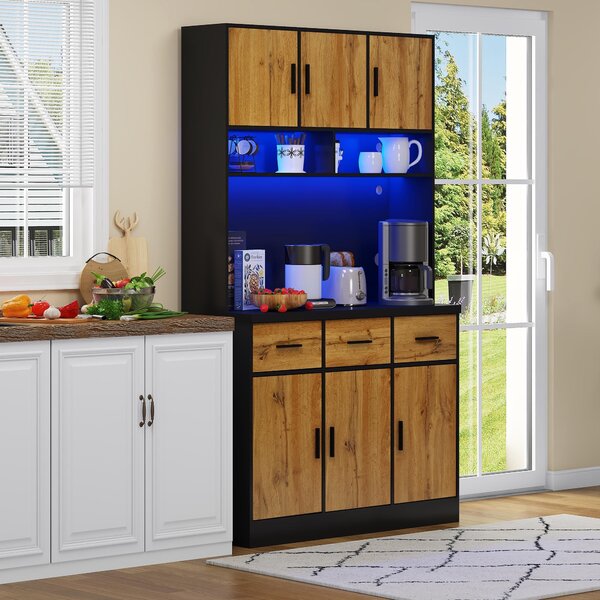 Stylish Tall Pantry Cabinet with App-Controlled LED, Spacious Larder Unit with Water-Resistant Worktop, 100L x 40W x 180H cm, Black+Natural Aosom UK