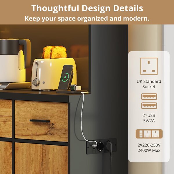 Stylish Tall Pantry Cabinet with App-Controlled LED, Spacious Larder Unit with Water-Resistant Worktop, 100L x 40W x 180H cm, Black+Natural Aosom UK