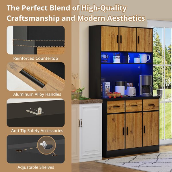 Stylish Tall Pantry Cabinet with App-Controlled LED, Spacious Larder Unit with Water-Resistant Worktop, 100L x 40W x 180H cm, Black+Natural Aosom UK