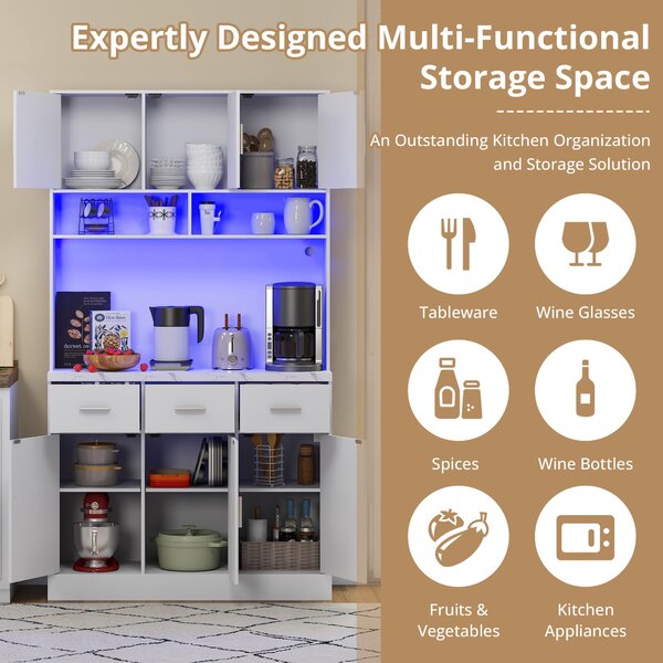 Stylish Tall Pantry Cabinet with App-Controlled LED, Spacious Larder Unit with Water-Resistant Worktop, 100L x 40W x 180H cm, White Aosom UK