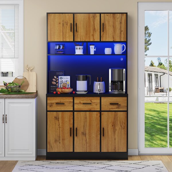 Stylish Tall Pantry Cabinet with App-Controlled LED, Spacious Larder Unit with Water-Resistant Worktop, 100L x 40W x 180H cm, Black+Natural Aosom UK