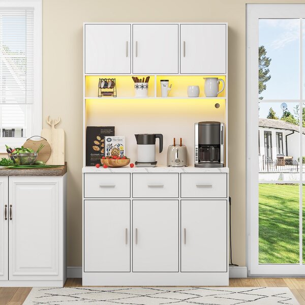 Stylish Tall Pantry Cabinet with App-Controlled LED, Spacious Larder Unit with Water-Resistant Worktop, 100L x 40W x 180H cm, White Aosom UK