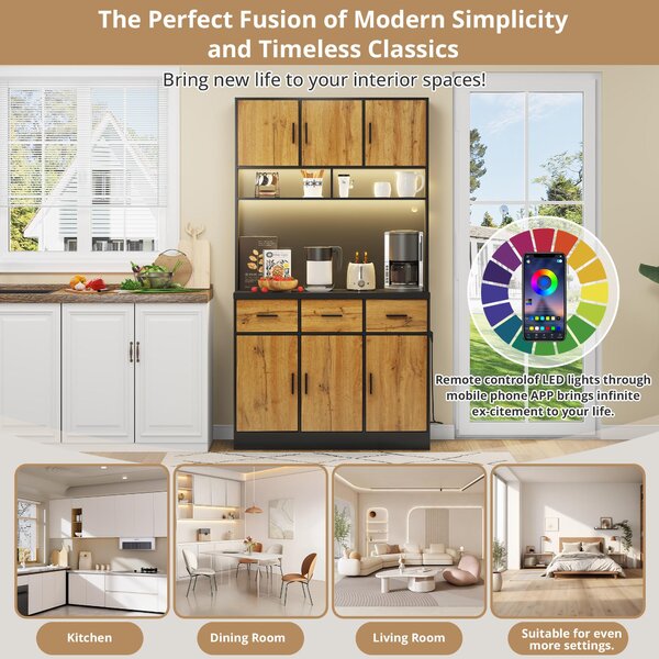 Stylish Tall Pantry Cabinet with App-Controlled LED, Spacious Larder Unit with Water-Resistant Worktop, 100L x 40W x 180H cm, Black+Natural Aosom UK