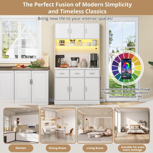 Stylish Tall Pantry Cabinet with App-Controlled LED, Spacious Larder Unit with Water-Resistant Worktop, 100L x 40W x 180H cm, White Aosom UK