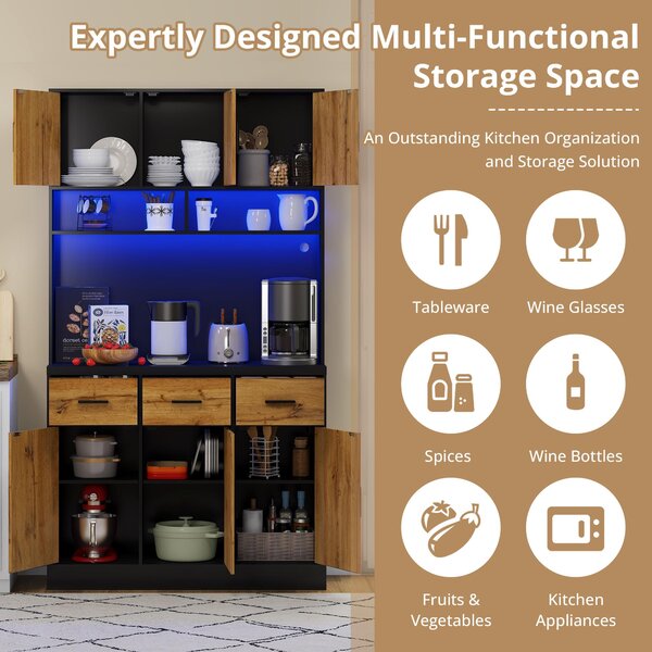 Stylish Tall Pantry Cabinet with App-Controlled LED, Spacious Larder Unit with Water-Resistant Worktop, 100L x 40W x 180H cm, Black+Natural Aosom UK