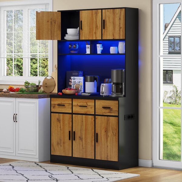 Stylish Tall Pantry Cabinet with App-Controlled LED, Spacious Larder Unit with Water-Resistant Worktop, 100L x 40W x 180H cm, Black+Natural Aosom UK