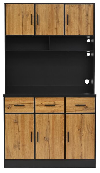 Stylish Tall Pantry Cabinet with App-Controlled LED, Spacious Larder Unit with Water-Resistant Worktop, 100L x 40W x 180H cm, Black+Natural Aosom UK
