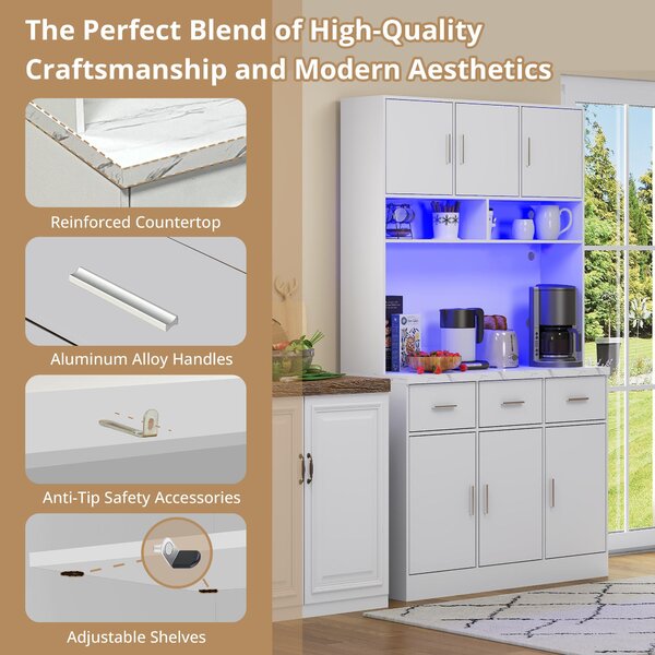 Stylish Tall Pantry Cabinet with App-Controlled LED, Spacious Larder Unit with Water-Resistant Worktop, 100L x 40W x 180H cm, White Aosom UK