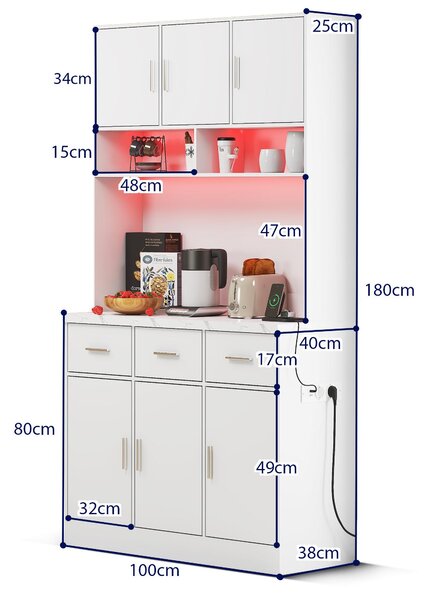 Stylish Tall Pantry Cabinet with App-Controlled LED, Spacious Larder Unit with Water-Resistant Worktop, 100L x 40W x 180H cm, White Aosom UK
