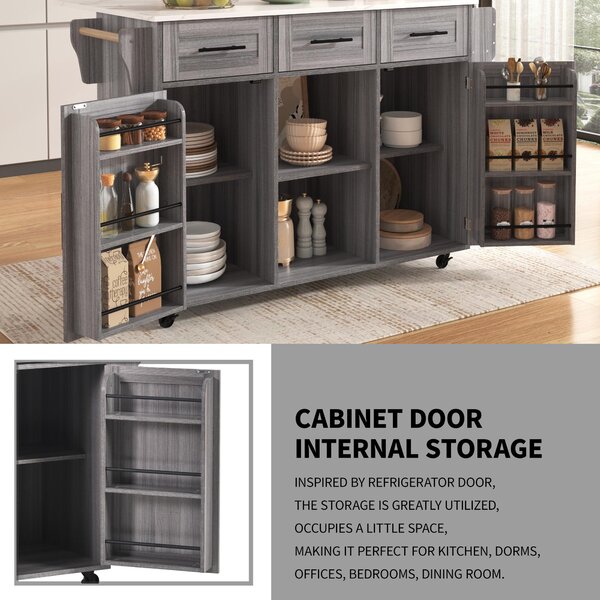 Stylish Kitchen Trolley with Foldable Wood-Grain Countertop, Versatile Buffet with Interchangeable Wheels, 139L x 46W x 91H cm, Gray Aosom UK