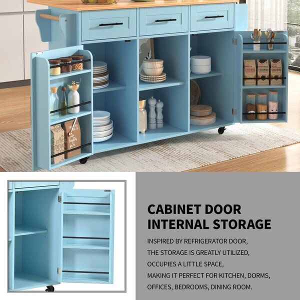 Stylish Kitchen Trolley with Foldable Wood-Grain Countertop, Versatile Buffet with Interchangeable Wheels, 139L x 46W x 91H cm, Blue Aosom UK