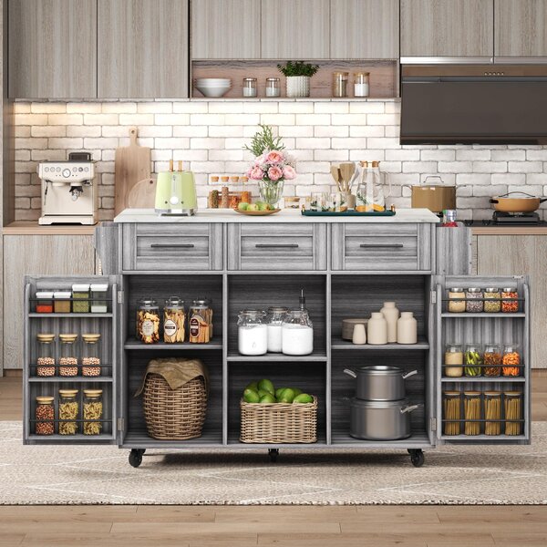 Stylish Kitchen Trolley with Foldable Wood-Grain Countertop, Versatile Buffet with Interchangeable Wheels, 139L x 46W x 91H cm, Gray Aosom UK
