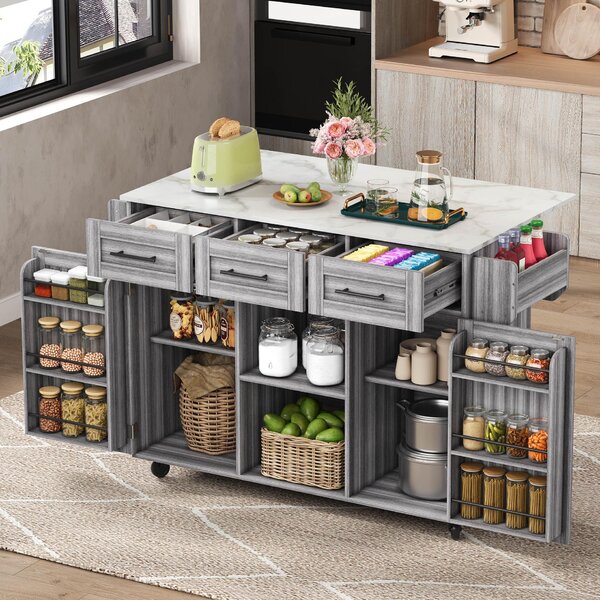 Stylish Kitchen Trolley with Foldable Wood-Grain Countertop, Versatile Buffet with Interchangeable Wheels, 139L x 46W x 91H cm, Gray Aosom UK