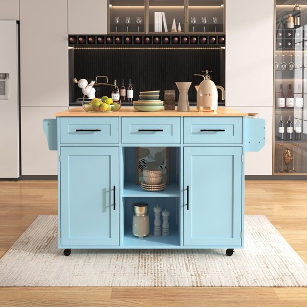 Stylish Kitchen Trolley with Foldable Wood-Grain Countertop, Versatile Buffet with Interchangeable Wheels, 139L x 46W x 91H cm, Blue Aosom UK