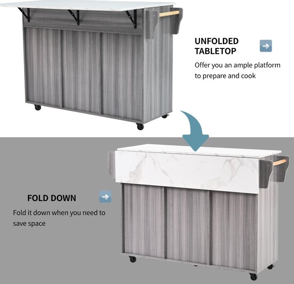 Stylish Kitchen Trolley with Foldable Wood-Grain Countertop, Versatile Buffet with Interchangeable Wheels, 139L x 46W x 91H cm, Gray Aosom UK