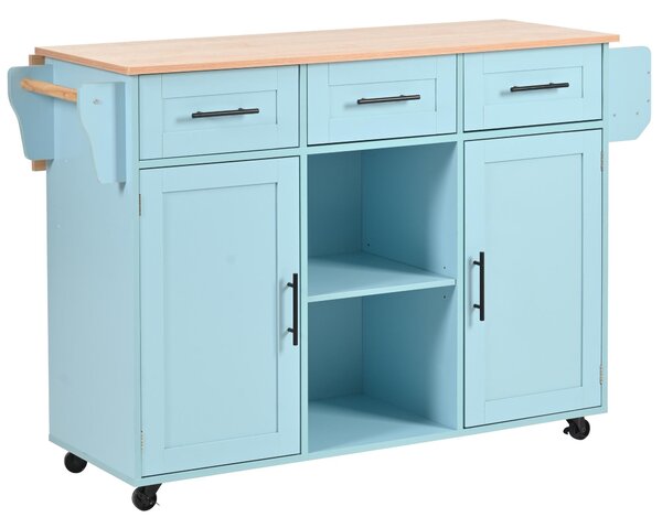 Stylish Kitchen Trolley with Foldable Wood-Grain Countertop, Versatile Buffet with Interchangeable Wheels, 139L x 46W x 91H cm, Blue Aosom UK