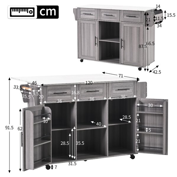 Stylish Kitchen Trolley with Foldable Wood-Grain Countertop, Versatile Buffet with Interchangeable Wheels, 139L x 46W x 91H cm, Gray Aosom UK