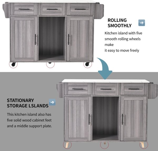 Stylish Kitchen Trolley with Foldable Wood-Grain Countertop, Versatile Buffet with Interchangeable Wheels, 139L x 46W x 91H cm, Gray Aosom UK