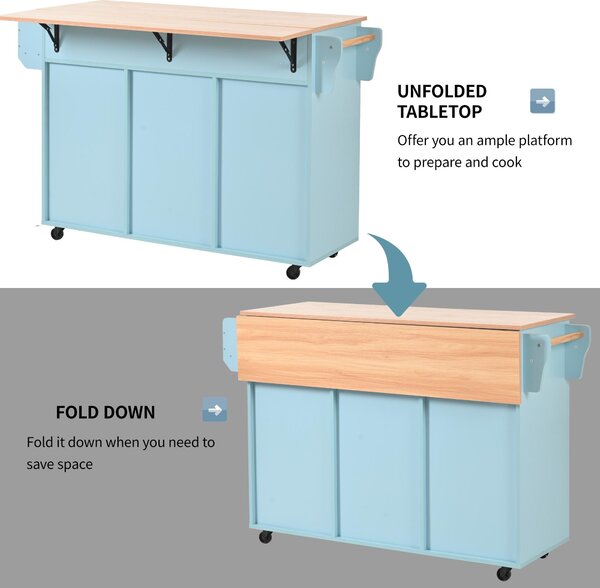 Stylish Kitchen Trolley with Foldable Wood-Grain Countertop, Versatile Buffet with Interchangeable Wheels, 139L x 46W x 91H cm, Blue Aosom UK