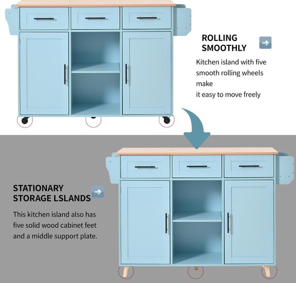 Stylish Kitchen Trolley with Foldable Wood-Grain Countertop, Versatile Buffet with Interchangeable Wheels, 139L x 46W x 91H cm, Blue Aosom UK