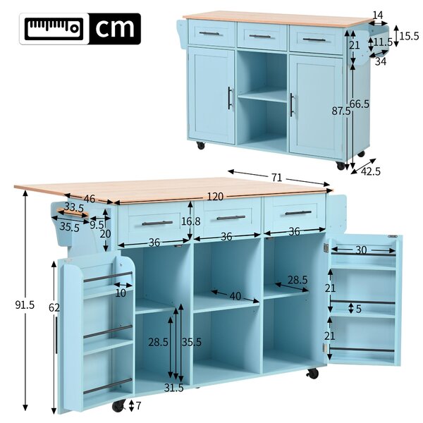 Stylish Kitchen Trolley with Foldable Wood-Grain Countertop, Versatile Buffet with Interchangeable Wheels, 139L x 46W x 91H cm, Blue Aosom UK