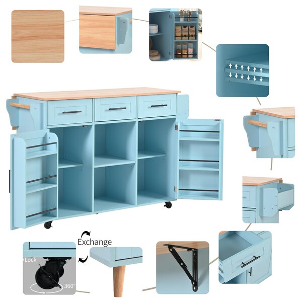 Stylish Kitchen Trolley with Foldable Wood-Grain Countertop, Versatile Buffet with Interchangeable Wheels, 139L x 46W x 91H cm, Blue Aosom UK
