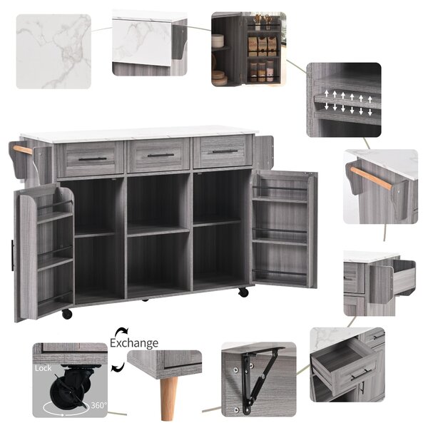 Stylish Kitchen Trolley with Foldable Wood-Grain Countertop, Versatile Buffet with Interchangeable Wheels, 139L x 46W x 91H cm, Gray Aosom UK
