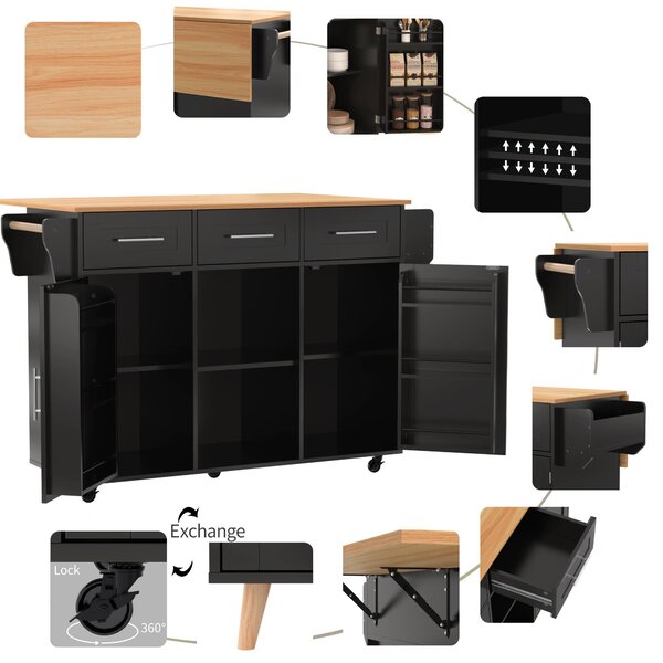Stylish Kitchen Trolley with Foldable Countertop, Versatile Buffet with Interchangeable Wheels, 139L x 46W x 91H cm, Black+Natural Aosom UK