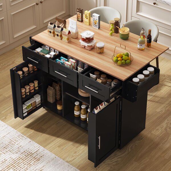 Stylish Kitchen Trolley with Foldable Countertop, Versatile Buffet with Interchangeable Wheels, 139L x 46W x 91H cm, Black+Natural Aosom UK