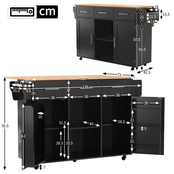 Stylish Kitchen Trolley with Foldable Countertop, Versatile Buffet with Interchangeable Wheels, 139L x 46W x 91H cm, Black+Natural Aosom UK