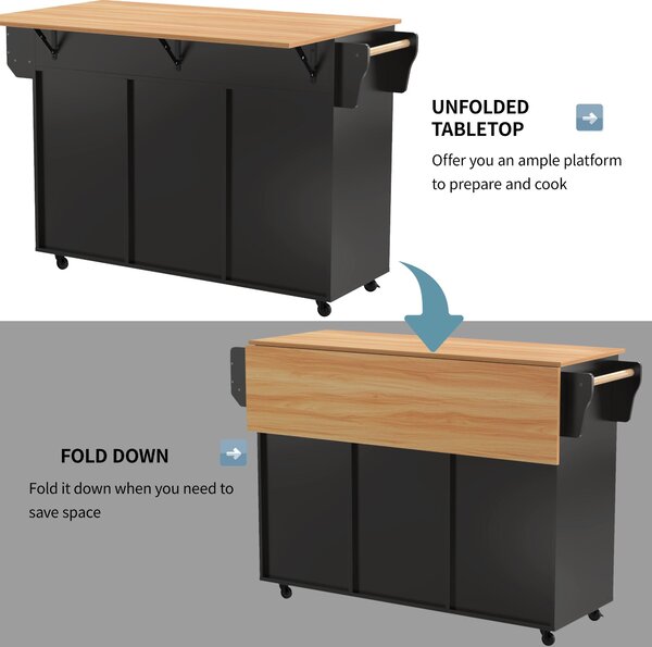 Stylish Kitchen Trolley with Foldable Countertop, Versatile Buffet with Interchangeable Wheels, 139L x 46W x 91H cm, Black+Natural Aosom UK