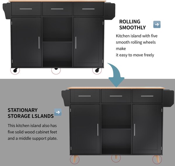 Stylish Kitchen Trolley with Foldable Countertop, Versatile Buffet with Interchangeable Wheels, 139L x 46W x 91H cm, Black+Natural Aosom UK
