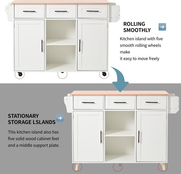 Stylish Kitchen Trolley with Foldable Wood-Grain Countertop, Versatile Buffet with Interchangeable Wheels, 139L x 46W x 91H cm, White Aosom UK