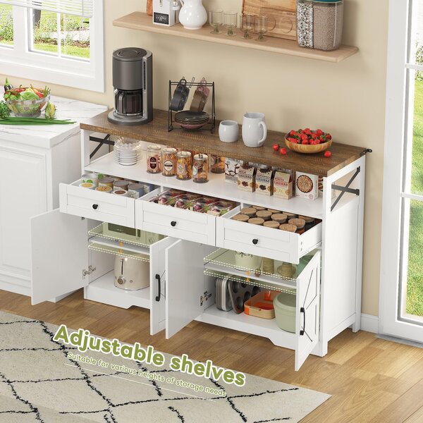 Versatile Sideboard with 2 Cupboards and Smooth‑Glide Drawers, Modern Coffee Bar for Living Room, 140L x 35W x 95H cm, Brown+White Aosom UK