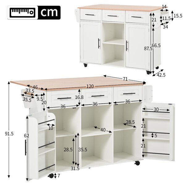 Stylish Kitchen Trolley with Foldable Wood-Grain Countertop, Versatile Buffet with Interchangeable Wheels, 139L x 46W x 91H cm, White Aosom UK
