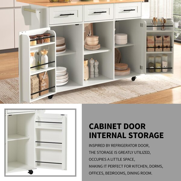 Stylish Kitchen Trolley with Foldable Wood-Grain Countertop, Versatile Buffet with Interchangeable Wheels, 139L x 46W x 91H cm, White Aosom UK