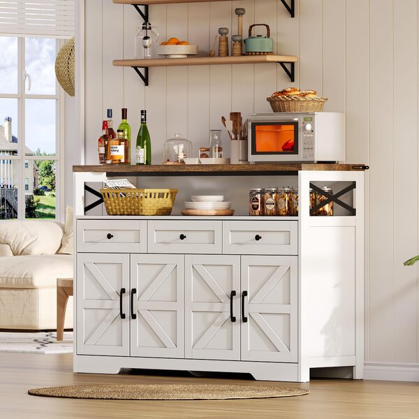 Versatile Sideboard with 2 Cupboards and Smooth‑Glide Drawers, Modern Coffee Bar for Living Room, 140L x 35W x 95H cm, Brown+White Aosom UK