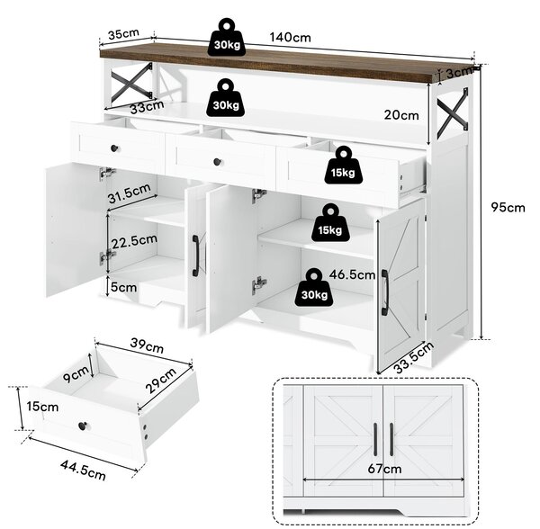 Versatile Sideboard with 2 Cupboards and Smooth‑Glide Drawers, Modern Coffee Bar for Living Room, 140L x 35W x 95H cm, Brown+White Aosom UK