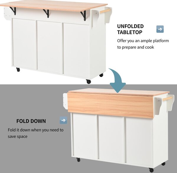 Stylish Kitchen Trolley with Foldable Wood-Grain Countertop, Versatile Buffet with Interchangeable Wheels, 139L x 46W x 91H cm, White Aosom UK