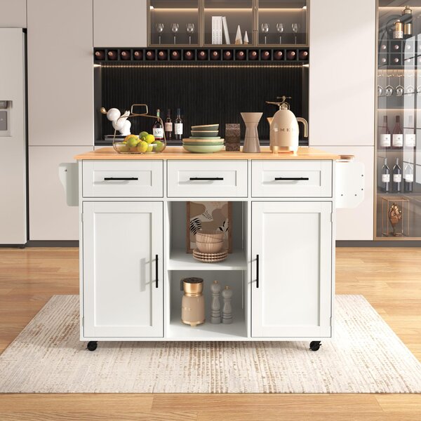 Stylish Kitchen Trolley with Foldable Wood-Grain Countertop, Versatile Buffet with Interchangeable Wheels, 139L x 46W x 91H cm, White Aosom UK