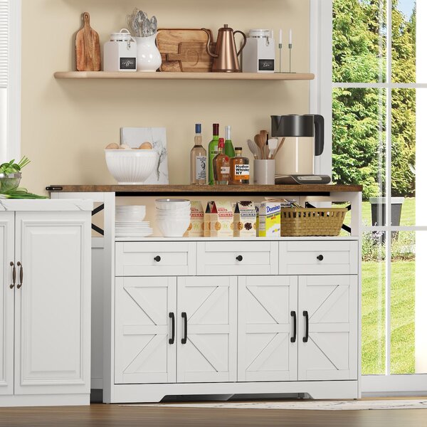 Versatile Sideboard with 2 Cupboards and Smooth‑Glide Drawers, Modern Coffee Bar for Living Room, 140L x 35W x 95H cm, Brown+White Aosom UK