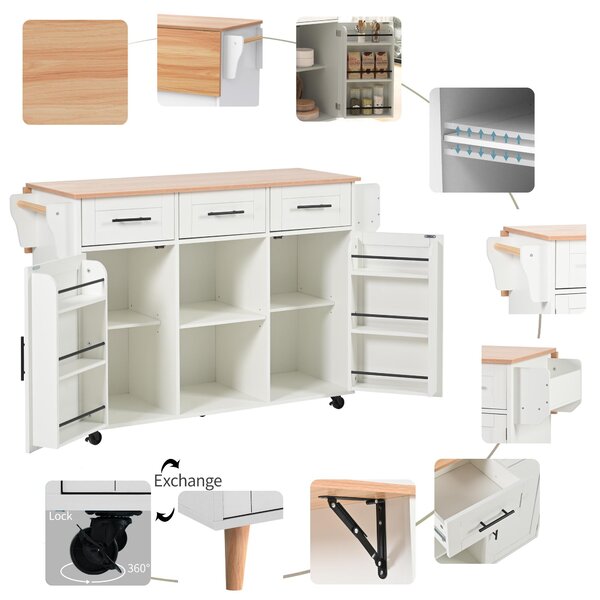 Stylish Kitchen Trolley with Foldable Wood-Grain Countertop, Versatile Buffet with Interchangeable Wheels, 139L x 46W x 91H cm, White Aosom UK